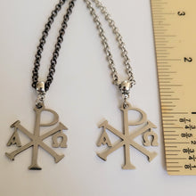 Load image into Gallery viewer, Alpha and Omega Cross Necklace, Your Choice of Gunmetal or Silver Rolo Chain, Chi Rho Constantine Jewelry