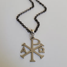 Load image into Gallery viewer, Alpha and Omega Cross Necklace, Your Choice of Gunmetal or Silver Rolo Chain, Chi Rho Constantine Jewelry