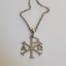 Load image into Gallery viewer, Alpha and Omega Cross Necklace, Your Choice of Gunmetal or Silver Rolo Chain, Chi Rho Constantine Jewelry