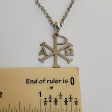 Load image into Gallery viewer, Alpha and Omega Cross Necklace, Your Choice of Gunmetal or Silver Rolo Chain, Chi Rho Constantine Jewelry