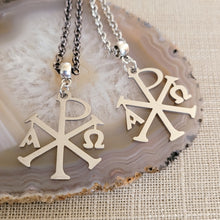 Load image into Gallery viewer, Alpha and Omega Cross Necklace, Your Choice of Gunmetal or Silver Rolo Chain, Chi Rho Constantine Jewelry