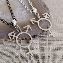 Load image into Gallery viewer, Transgender Necklace, Your Choice of Gunmetal or Silver Rolo Chain, Non Binary Trans Awareness Jewelry