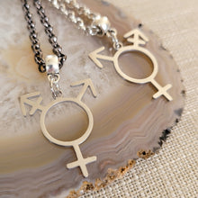 Load image into Gallery viewer, Transgender Necklace, Your Choice of Gunmetal or Silver Rolo Chain, Non Binary Trans Awareness Jewelry