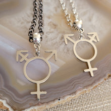 Load image into Gallery viewer, Transgender Necklace, Your Choice of Gunmetal or Silver Rolo Chain, Non Binary Trans Awareness Jewelry