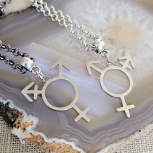 Load image into Gallery viewer, Transgender Necklace, Your Choice of Gunmetal or Silver Rolo Chain, Non Binary Trans Awareness Jewelry