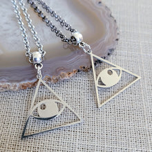 Load image into Gallery viewer, All Seeing Eye Necklace, Your Choice of Gunmetal or Silver Rolo Chain, Pyramid Illuminati Jewelry