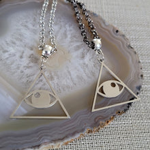 Load image into Gallery viewer, All Seeing Eye Necklace, Your Choice of Gunmetal or Silver Rolo Chain, Pyramid Illuminati Jewelry