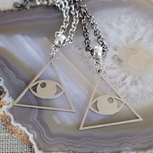 Load image into Gallery viewer, All Seeing Eye Necklace, Your Choice of Gunmetal or Silver Rolo Chain, Pyramid Illuminati Jewelry