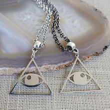 Load image into Gallery viewer, All Seeing Eye Necklace, Your Choice of Gunmetal or Silver Rolo Chain, Pyramid Illuminati Jewelry