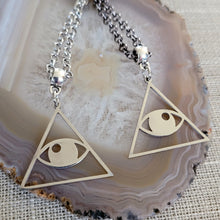 Load image into Gallery viewer, All Seeing Eye Necklace, Your Choice of Gunmetal or Silver Rolo Chain, Pyramid Illuminati Jewelry