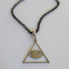Load image into Gallery viewer, All Seeing Eye Necklace, Your Choice of Gunmetal or Silver Rolo Chain, Pyramid Illuminati Jewelry