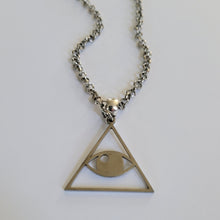 Load image into Gallery viewer, All Seeing Eye Necklace, Your Choice of Gunmetal or Silver Rolo Chain, Pyramid Illuminati Jewelry