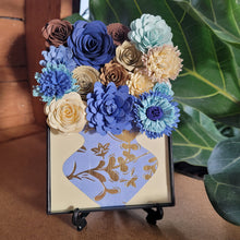Load image into Gallery viewer, Blue and Gold Flower Filled Vase Frame, Handmade Paper Flowers, 4x6 Black Frame, Nursery Powder Room Decor