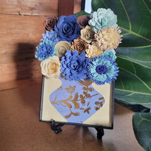 Load image into Gallery viewer, Blue and Gold Flower Filled Vase Frame, Handmade Paper Flowers, 4x6 Black Frame, Nursery Powder Room Decor