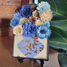 Load image into Gallery viewer, Blue and Gold Flower Filled Vase Frame, Handmade Paper Flowers, 4x6 Black Frame, Nursery Powder Room Decor