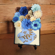 Load image into Gallery viewer, Blue and Gold Flower Filled Vase Frame, Handmade Paper Flowers, 4x6 Black Frame, Nursery Powder Room Decor