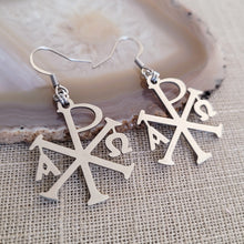 Load image into Gallery viewer, Alpha and Omega Cross Earrings, Chi Rho Constantine Dangle Drop Earrings