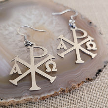 Load image into Gallery viewer, Alpha and Omega Cross Earrings, Chi Rho Constantine Dangle Drop Earrings