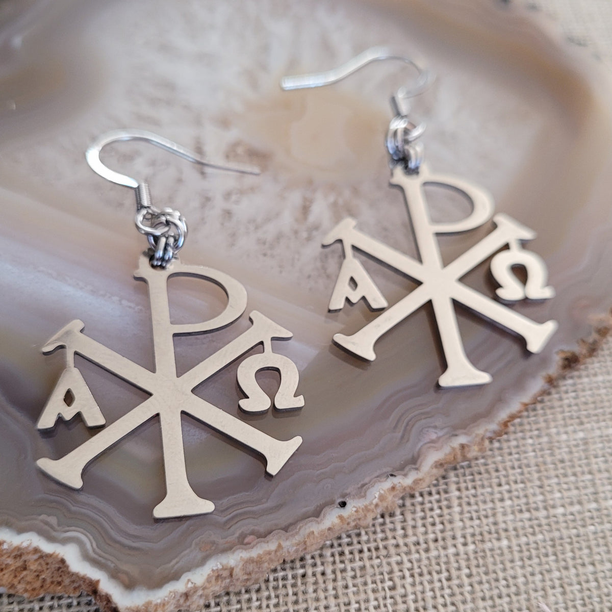 Alpha and Omega Cross Earrings, Chi Rho Constantine Dangle Drop Earrings