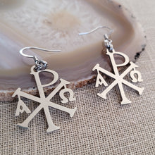 Load image into Gallery viewer, Alpha and Omega Cross Earrings, Chi Rho Constantine Dangle Drop Earrings