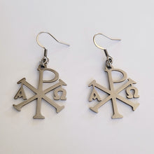 Load image into Gallery viewer, Alpha and Omega Cross Earrings, Chi Rho Constantine Dangle Drop Earrings