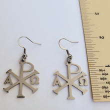 Load image into Gallery viewer, Alpha and Omega Cross Earrings, Chi Rho Constantine Dangle Drop Earrings