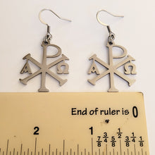 Load image into Gallery viewer, Alpha and Omega Cross Earrings, Chi Rho Constantine Dangle Drop Earrings