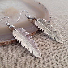 Load image into Gallery viewer, Feather Earrings, Silver Dangle Drop Earrings
