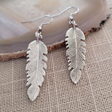 Load image into Gallery viewer, Feather Earrings, Silver Dangle Drop Earrings