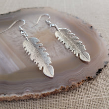 Load image into Gallery viewer, Feather Earrings, Silver Dangle Drop Earrings