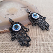 Load image into Gallery viewer, Hamsa Earrings, Hand of Fatima and Evil Eye,  Long Dangle Drop Earrings