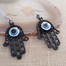 Load image into Gallery viewer, Hamsa Earrings, Hand of Fatima and Evil Eye,  Long Dangle Drop Earrings