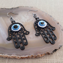 Load image into Gallery viewer, Hamsa Earrings, Hand of Fatima and Evil Eye,  Long Dangle Drop Earrings