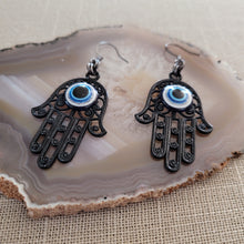 Load image into Gallery viewer, Hamsa Earrings, Hand of Fatima and Evil Eye,  Long Dangle Drop Earrings