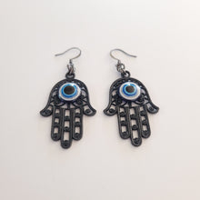 Load image into Gallery viewer, Hamsa Earrings, Hand of Fatima and Evil Eye,  Long Dangle Drop Earrings