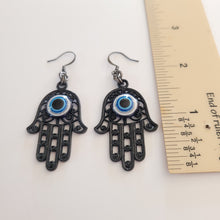 Load image into Gallery viewer, Hamsa Earrings, Hand of Fatima and Evil Eye,  Long Dangle Drop Earrings