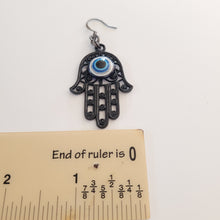 Load image into Gallery viewer, Hamsa Earrings, Hand of Fatima and Evil Eye,  Long Dangle Drop Earrings