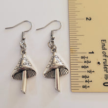 Load image into Gallery viewer, Mushroom Earrings,  Dangle Drop Earrings, Silver Magic Mushroom Jewelry