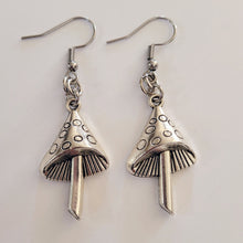 Load image into Gallery viewer, Mushroom Earrings,  Dangle Drop Earrings, Silver Magic Mushroom Jewelry
