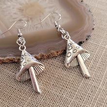 Load image into Gallery viewer, Mushroom Earrings,  Dangle Drop Earrings, Silver Magic Mushroom Jewelry