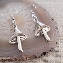 Load image into Gallery viewer, Mushroom Earrings,  Dangle Drop Earrings, Silver Magic Mushroom Jewelry