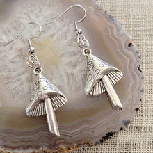 Load image into Gallery viewer, Mushroom Earrings,  Dangle Drop Earrings, Silver Magic Mushroom Jewelry