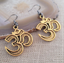 Load image into Gallery viewer, Ohm Earrings, Antique Brass with Gunmetal Findings, Long Dangle Drop Earrings