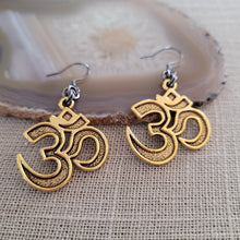 Load image into Gallery viewer, Ohm Earrings, Antique Brass with Gunmetal Findings, Long Dangle Drop Earrings