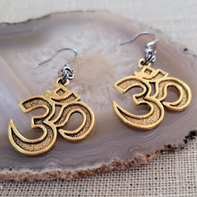 Load image into Gallery viewer, Ohm Earrings, Antique Brass with Gunmetal Findings, Long Dangle Drop Earrings