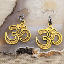 Load image into Gallery viewer, Ohm Earrings, Antique Brass with Gunmetal Findings, Long Dangle Drop Earrings