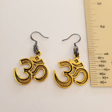 Load image into Gallery viewer, Ohm Earrings, Antique Brass with Gunmetal Findings, Long Dangle Drop Earrings