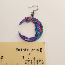 Load image into Gallery viewer, Titanium Iridescent Moon Earrings, Long Dangle Drop Earring, Electroplated Vaporwave Jewelry