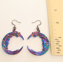 Load image into Gallery viewer, Titanium Iridescent Moon Earrings, Long Dangle Drop Earring, Electroplated Vaporwave Jewelry