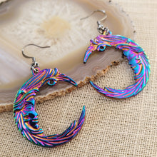 Load image into Gallery viewer, Titanium Iridescent Moon Earrings, Long Dangle Drop Earring, Electroplated Vaporwave Jewelry